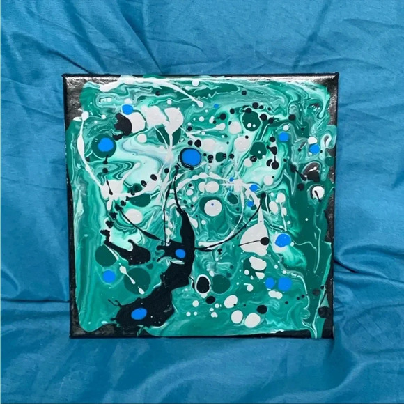 Original Paint Pour Art - 8x8 wrapped canvas with greens, blue, silver & white - Picture 3 of 11